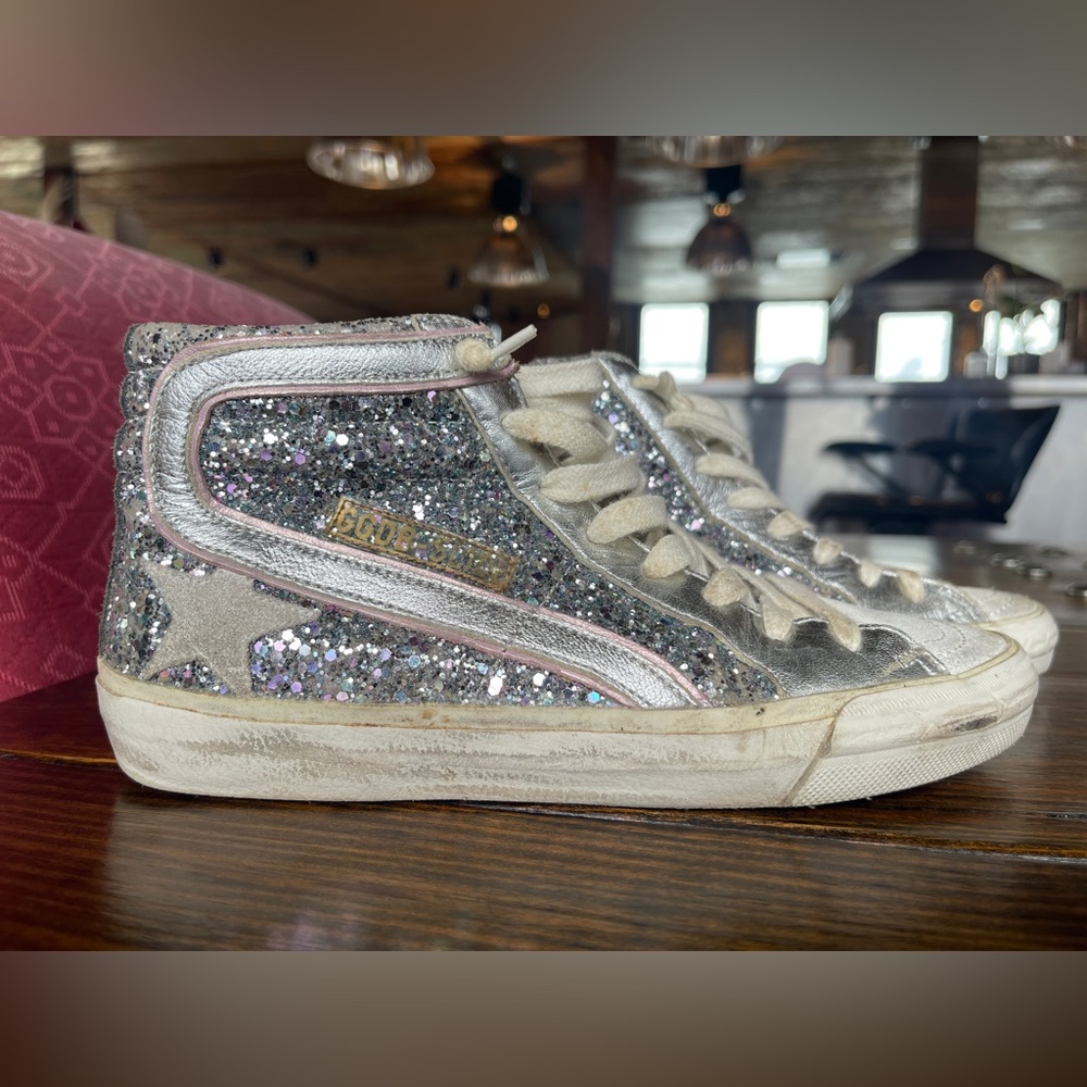 Golden Goose Slide Sparkling Glitter Pink White Star size 37